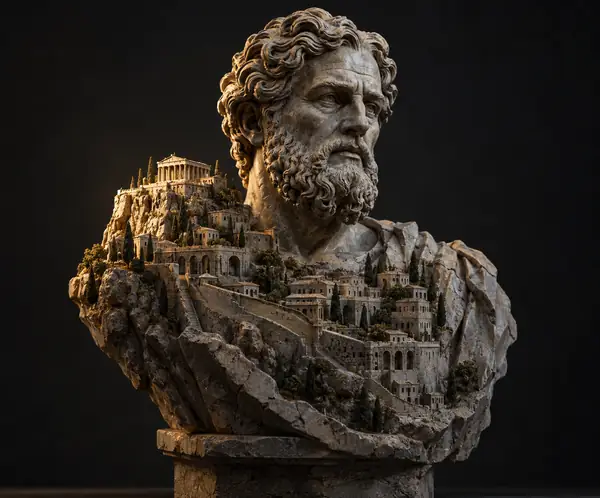 Eine detailreiche graue Steinbüste eines Philosophen mit einer winzigen modellierten Stadt, dramatisch beleuchtet vor einem anthrazitfarbenen Studiohintergrund.