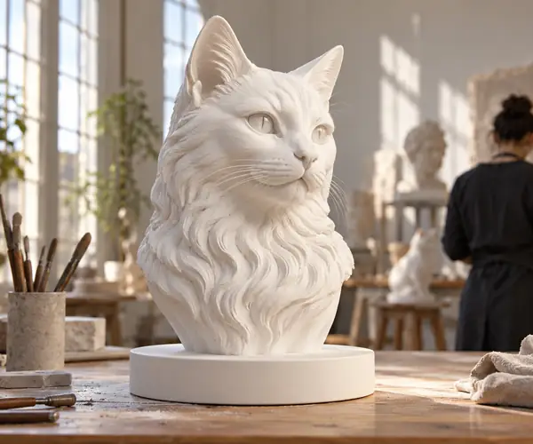 Eine glatte, weiße Katzenbüste auf einem runden Sockel in einem hellen Studio.