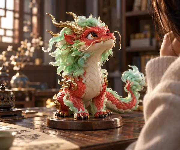 Ein fantasievolles Wesen mit rotem Drachenkopf und mintfarbener Mähne, dargestellt als kleine 3D-Figur.