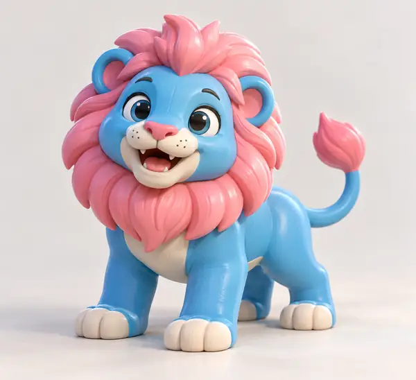 Eine fröhliche blau-rosa Spielzeuglöwenfigur vor einem hellen Studiohintergrund.