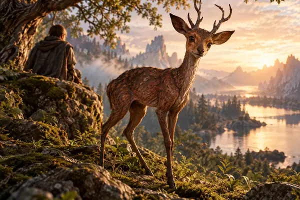 Ein schlankes Waldwesen mit Geweih, ausdrucksstarken Augen und reich strukturierter brauner Haut.