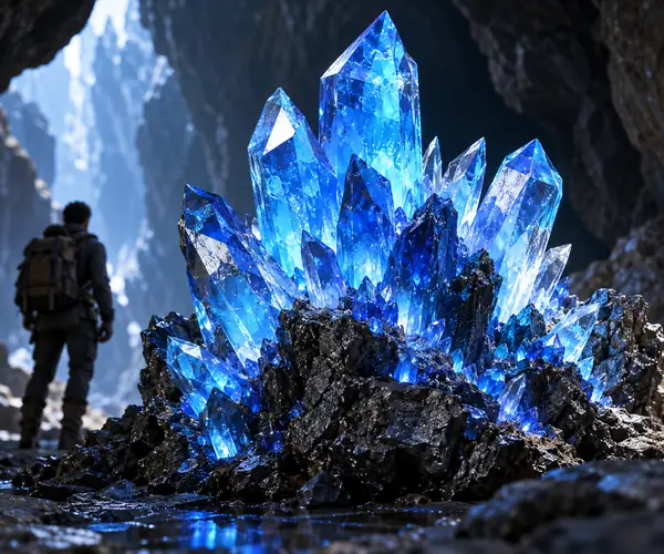 Eine lebendige Gruppe leuchtend blauer Kristalle, die aus einem dunklen Felssockel wachsen.