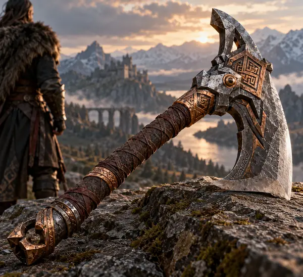 Eine kunstvoll verzierte Fantasy-Axt mit kantiger Stahlklinge, Kupferdetails und umwickeltem Griff.