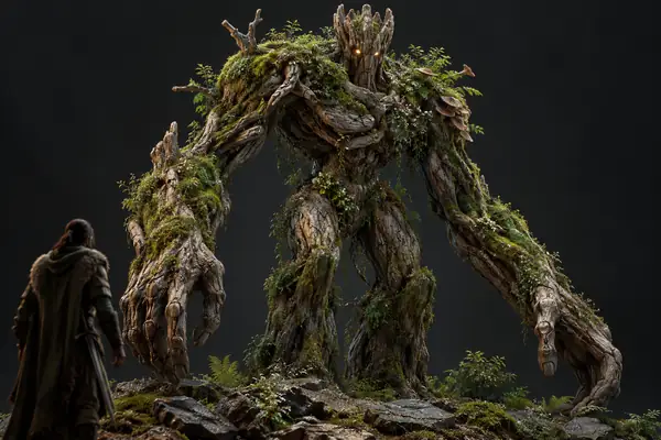 Ein moosbewachsener Waldgolem mit langen Armen und modellierten Baumrindenmerkmalen vor anthrazitfarbenem Hintergrund.