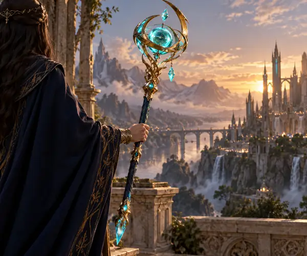 Ein zeremonieller Fantasy-Stab mit türkisfarbenen Leuchtelementen, goldenen Verzierungen und dunkelblauem Griff.