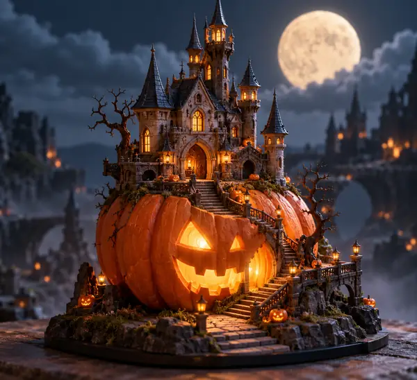 Ein skurriles Spukschloss, das aus einem geschnitzten orangefarbenen Kürbis emporragt, präsentiert als Miniatur-Spiel-Asset.