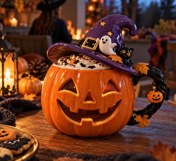 Eine orangefarbene Kürbislaternen-Tasse, verziert mit einem violetten Hexenhut und verspielten Halloween-Details.