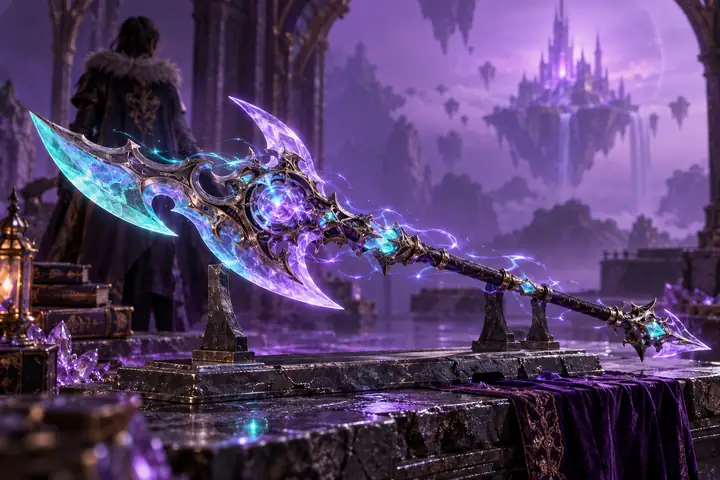 Eine kunstvoll gestaltete Fantasy-Waffe mit leuchtender türkisfarbener und lavendelfarbener Energie, gerendert vor einem violetten Studiohintergrund.