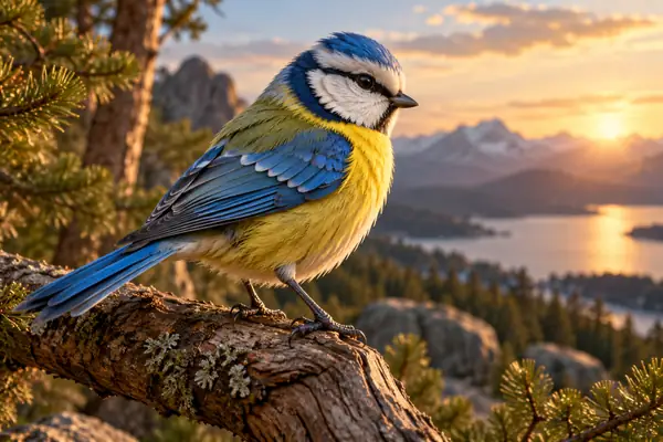 Ein gelb-blauer Vogel mit geschichteten Federn, dargestellt als detailreiches 3D-Modell.