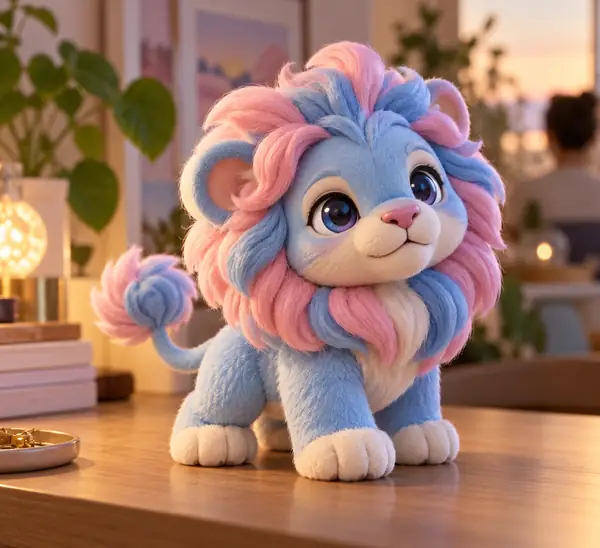 Ein blau-rosa Löwe im Plüschtierstil, dargestellt als kleine 3D-Sammelfigur.