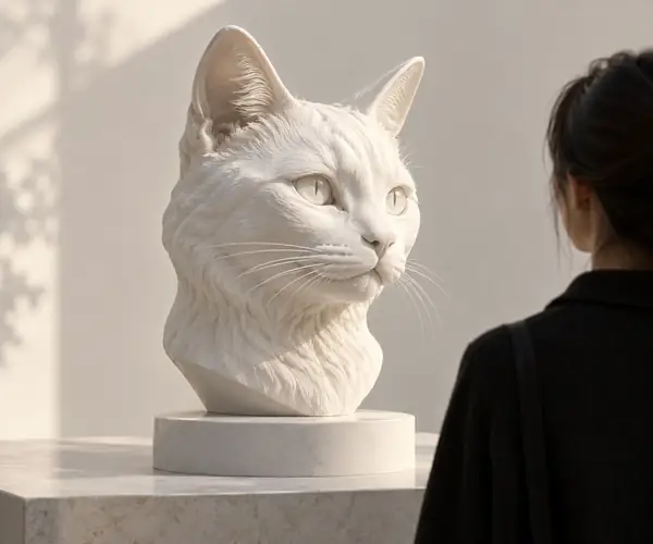 Eine glatte Skulptur eines weißen Katzenkopfs auf einem runden Sockel vor einem hellen Hintergrund.