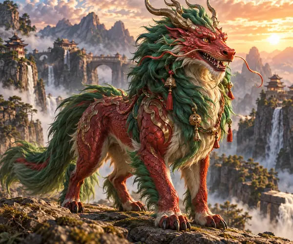 Ein verspieltes Fantasy-Wolfswesen mit karmesinrotem Drachenkopf und grüner Mähne, in Dreiviertelansicht dargestellt.
