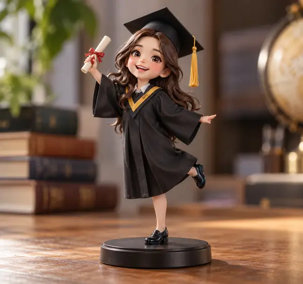 Eine fröhliche Miniaturfigur mit Abschlusskleid und Doktorhut auf einem kleinen Präsentationssockel.