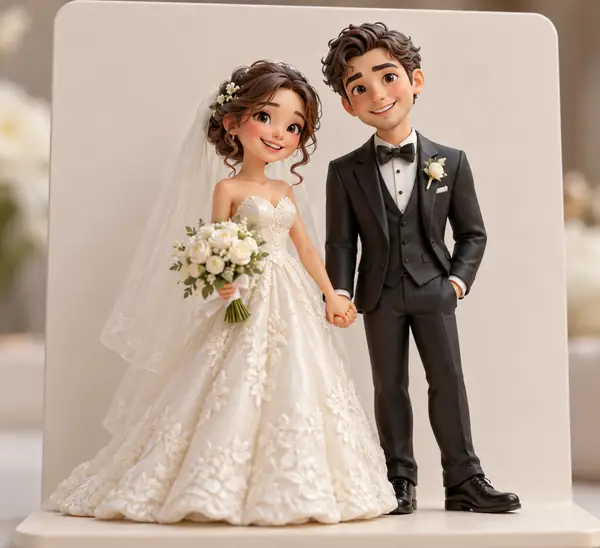 Zwei fröhliche Miniatur-Hochzeitsfiguren mit modellierter Kleidung auf einer hellen Präsentationskarte.