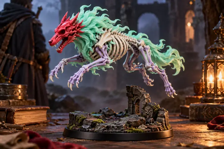 Eine Miniatur eines Fantasy-Skelettwolfs mit rotem Kopf, mintgrüner Mähne, cremefarbenen Rippen und lavendelfarbenen Beinen, über ihrem Präsentationssockel positioniert.