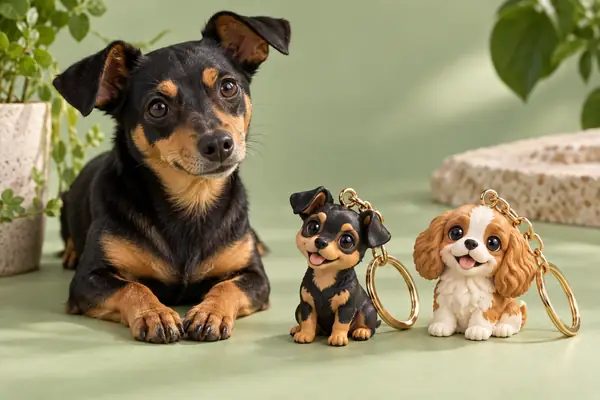 Ein kleiner schwarz-brauner Hund neben zwei charmanten illustrierten Haustier-Schlüsselanhängern vor einem hellgrünen Studiohintergrund.
