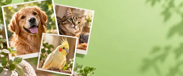 Drei überlappende Fotoabzüge eines goldfarbenen Hundes, einer getigerten Katze und eines gelben Nymphensittichs, links auf einem hellgrünen Banner angeordnet.