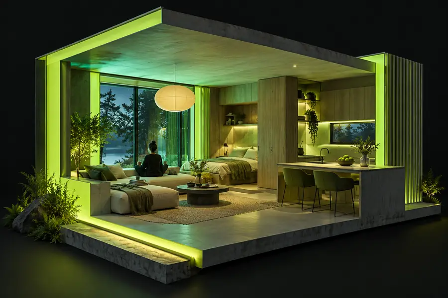 Editorial illustration of a room-focused image-to-3D scenario